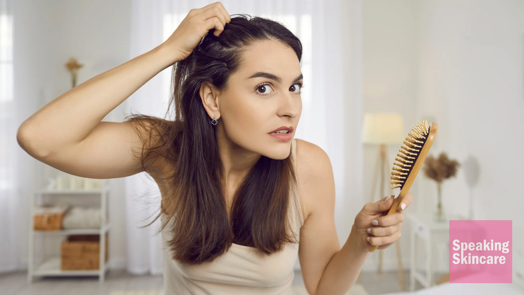 A woman alarmed with her hair