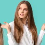 A woman holding wigs